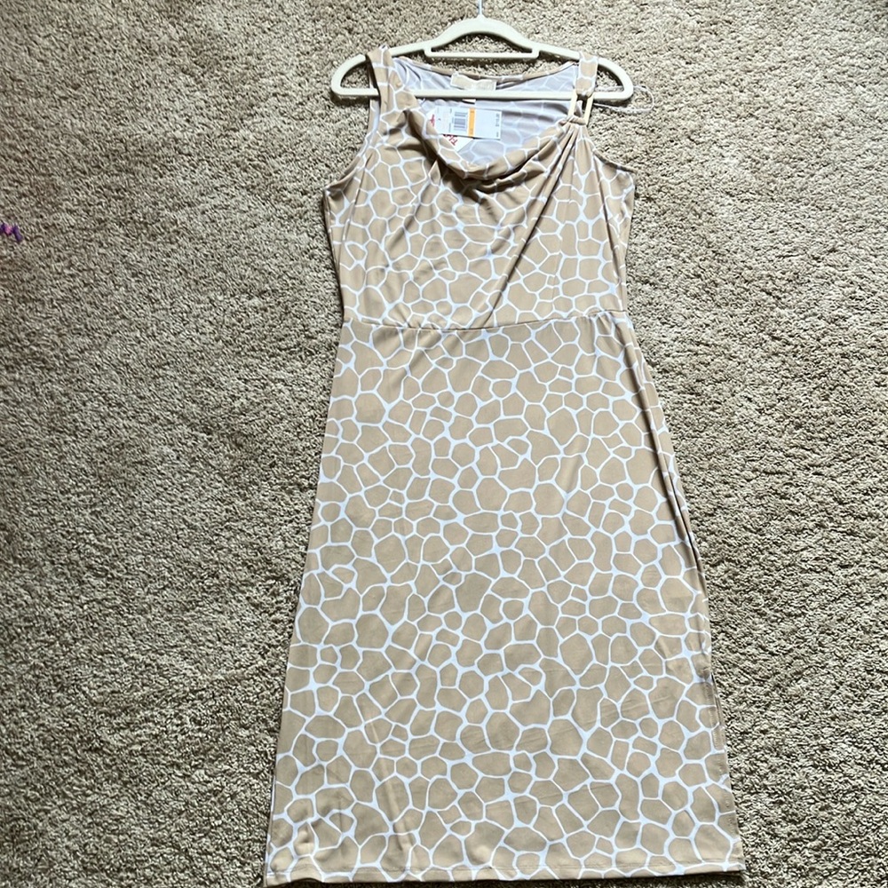 Michael Kors, Giraffe Animal Print Sleeveless Midi Dress Tan, Size S